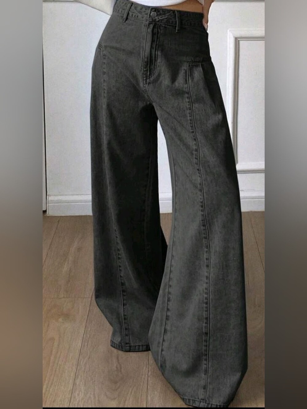 Friful Womens Extra Wide-Leg High-Rise Jeans in Dark Charcoal/black Size L